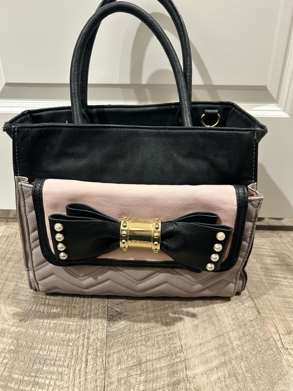 Betsey Johnson Black Pink and Gray Quilted Bow Satchel